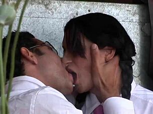 Hey, this girl greets a man then pulls him aside for hardcore riding and creampie action