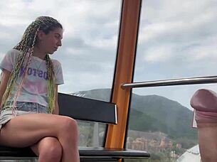 in the forest, skinny brunette with pigtails flashes and jerks cock, swallowing cum outdoors