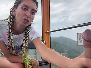 in the forest, skinny brunette with pigtails flashes and jerks cock, swallowing cum outdoors