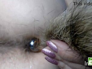 Inserting hairy toy deep in my hairy ass with close-up anal fingering and silent farting