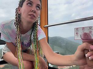 in the forest, skinny brunette with pigtails flashes and jerks cock, swallowing cum outdoors