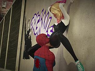 In a thrilling rooftop encounter, Spiderman and Gwen engage in passionate intimacy under the night sky. Their superhero chemistry ignites as they connect intensely.
