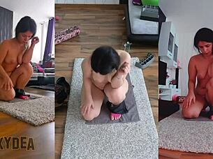 i flex and stretch naked in triple cam view during yoga session at gym