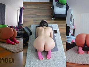 i flex and stretch naked in triple cam view during yoga session at gym