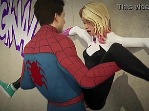 In a thrilling rooftop encounter, Spiderman and Gwen engage in passionate intimacy under the night sky. Their superhero chemistry ignites as they connect intensely.