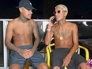 Crossdressing slut fingers tight ass with machine leading to intense orgasm on balcony