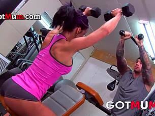 Hey, this fitness milf with fake tits, you getting hammered hard in the gym?