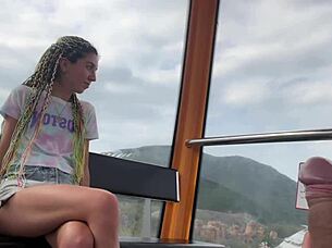 in the forest, skinny brunette with pigtails flashes and jerks cock, swallowing cum outdoors