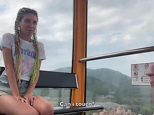 in the forest, skinny brunette with pigtails flashes and jerks cock, swallowing cum outdoors