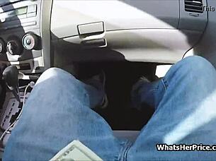 sexy big tit taxi driver hints at extra services with hardcore blowjob in car for cash