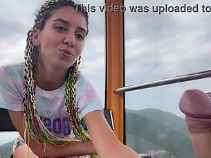 in the forest, skinny brunette with pigtails flashes and jerks cock, swallowing cum outdoors