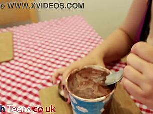 British 18 Year Old Emo Girl With Glasses Eats Cum-Topped Ice Cream