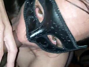 hey, that masked milf gives a rough pov blowjob with condom on cock