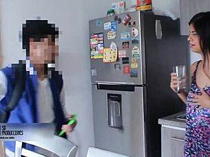 Madrastra gives good blowjob to young man in bed and fucks him bent over