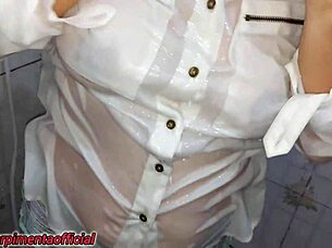 want to fuck this hot married woman hard in her wet t-shirt during shower?