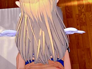 Flonne from Disgaea gets loca de amor, drops her towel, and enjoys hentai fun with gloves and socks before bed.