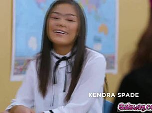 Three hot students Eliza Ibarra Kendra Spade and Vanna Bardot share naughty kisses