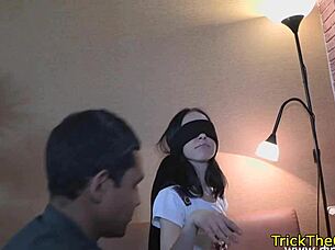 Blindfolded euro girlfriend gets tricked by boyfriend into tied up interracial fucking with masked friend.