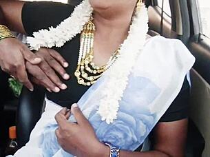 why is this indian brunette bhabi getting so dirty with tits out during that wild car romance?