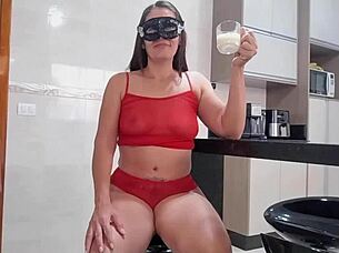 horny brazilian milf gives deepthroat handjob to young huge cock in kitchen leading to massive cumshot swallowing a liter of cum