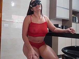 horny brazilian milf gives deepthroat handjob to young huge cock in kitchen leading to massive cumshot swallowing a liter of cum