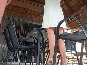 Upskirt Fuck with Blonde Wife in Outdoor Homemade Doggystyle Creampie Close Up