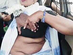 why is this indian brunette bhabi getting so dirty with tits out during that wild car romance?