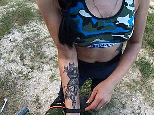 brunette beauty black lynn delivers a sloppy wet blowjob outdoors swallowing every drop with passion