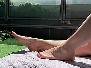 Watch This Huge Cock Voyeur Jerk Off and Explode Cum on Wife's Massive Feet on the Terrace!