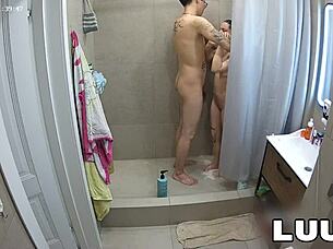 luuv couple films exhibitionist shower video with shaved brunette girlfriend.