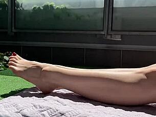 Watch This Huge Cock Voyeur Jerk Off and Explode Cum on Wife's Massive Feet on the Terrace!