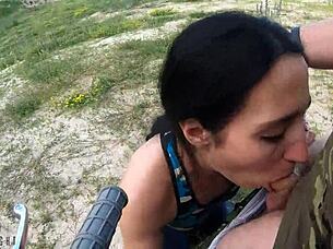 brunette beauty black lynn delivers a sloppy wet blowjob outdoors swallowing every drop with passion