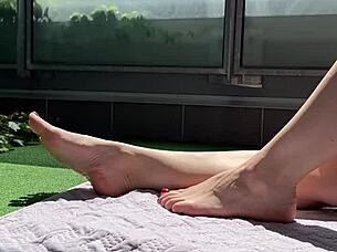 Watch This Huge Cock Voyeur Jerk Off and Explode Cum on Wife's Massive Feet on the Terrace!