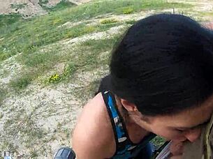 brunette beauty black lynn delivers a sloppy wet blowjob outdoors swallowing every drop with passion