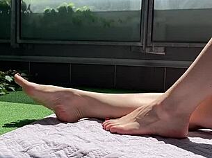 Watch This Huge Cock Voyeur Jerk Off and Explode Cum on Wife's Massive Feet on the Terrace!
