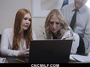 Oh gosh, the boss is totally using us two hot milfs right in his office like freeuse toys!