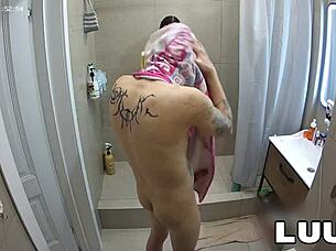 luuv couple films exhibitionist shower video with shaved brunette girlfriend.