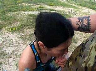 brunette beauty black lynn delivers a sloppy wet blowjob outdoors swallowing every drop with passion