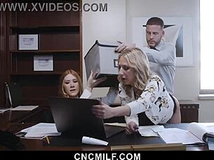 Oh gosh, the boss is totally using us two hot milfs right in his office like freeuse toys!