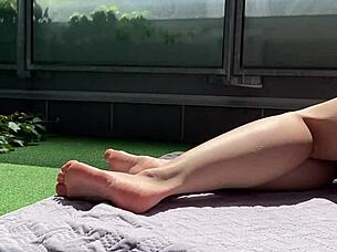 Watch This Huge Cock Voyeur Jerk Off and Explode Cum on Wife's Massive Feet on the Terrace!