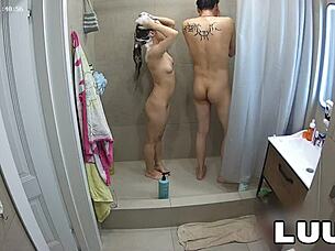 luuv couple films exhibitionist shower video with shaved brunette girlfriend.