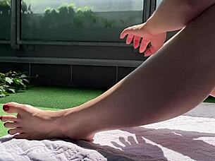 Watch This Huge Cock Voyeur Jerk Off and Explode Cum on Wife's Massive Feet on the Terrace!