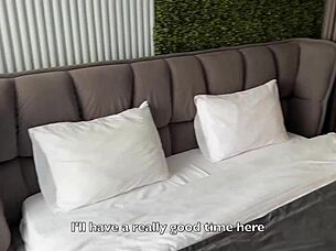 cheating on my wife with a gorgeous brunette giving footjob and creampie in bedroom 😏