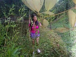 Naive brunette teen April gets tricked by a stranger into bent over doggystyle fucking outdoors. He stretches her tight Colombian pussy with his big cock until she cums.