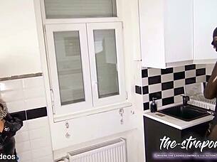 Caught off guard in the kitchen, a guy gets bound and dominated by Mistress Tatjana with intense strapon action.