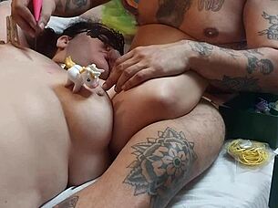 Master, how should I serve you with my mouth while you stimulate my tits?