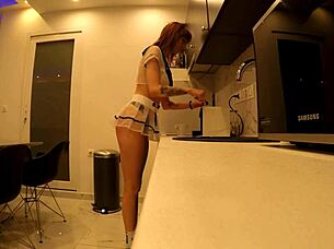 hot tight pussy tall latvian sexy redhead lilly shows off in kitchen