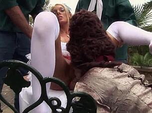 Jodi James and Stacey Saran Cosplay Pussy Fucked Two at a Time by Strangers in Outdoor Group Action