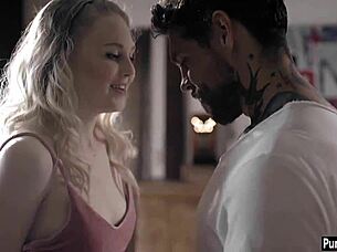 Nervous Tiny Blonde Teen Loses Her Virginity to Older Guy with Monster Cock