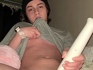 kai casually grabs the hitachi vibrator and starts humping it rhythmically